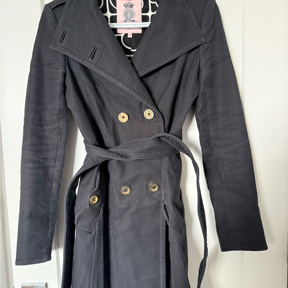 Juicy Couture Black Trench Coat with Belt and Lapels